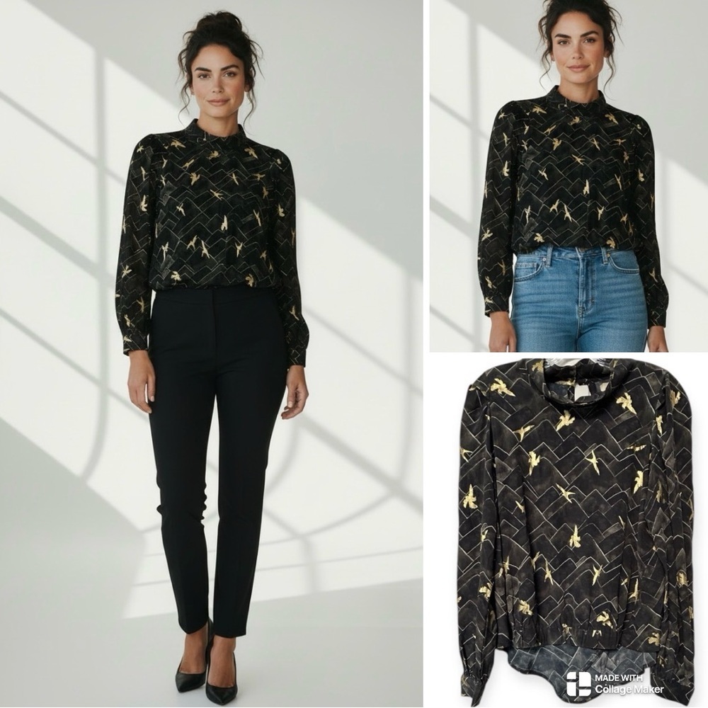 Cotelac 100% silk Black with gold birds Blouse